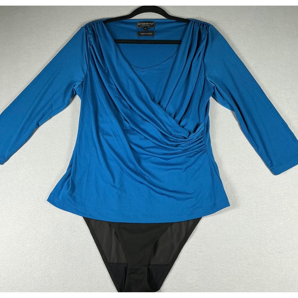 Shape FX Blue Wrap Bodysuit Top Womens M Stretch Ruched 3/4 Sleeve